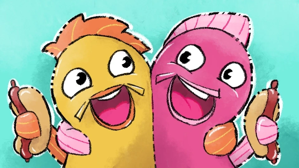weenie hut sr Discord server banner: two grinning cartoon mascots, one yellow and one pink, each holding a hot dog